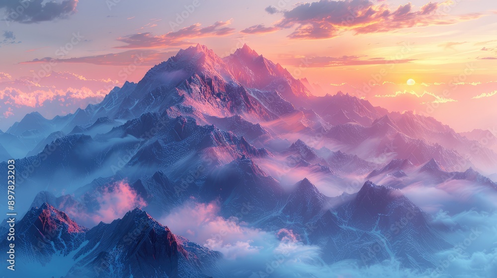 Rugged mountain range at sunset