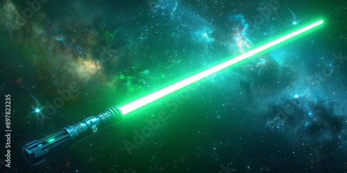 Illuminated green lightsaber against a cosmic background with stars and nebulae photo