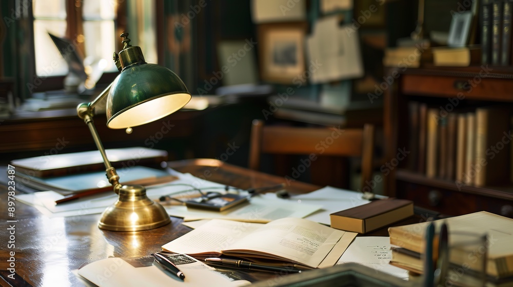 Elegant Brass Desk Lamp with Green Shade Illuminates a Work Desk Cluttered with Papers and Pens, Creating a Cozy and Productive Workspace Elegant Brass Desk Lamp with Green Shade Illuminates a Work Desk Cluttered with Papers and Pens, Creating a Cozy and Productive Workspace