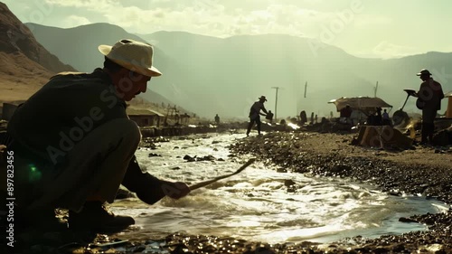 Low-angle shot: Miners pan for gold in rugged mountain river. Camera pans across makeshift camps and determined workers. Dusty atmosphere and looming mountains create dramatic backdrop.	 photo