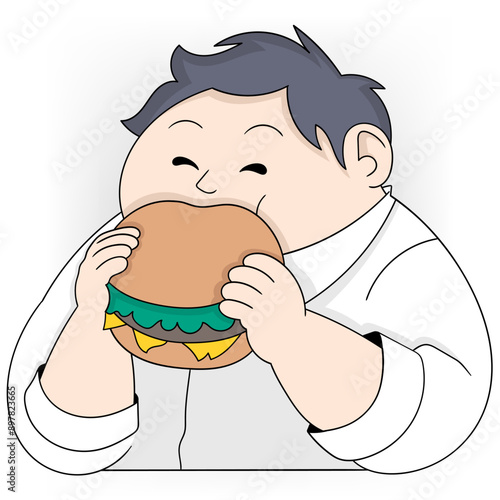 A cartoon man is eating a hamburger