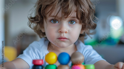Serious Toddler with Colorful Toys Indoors