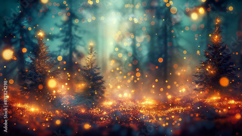 Magical forest with christmas trees and glowing lights.