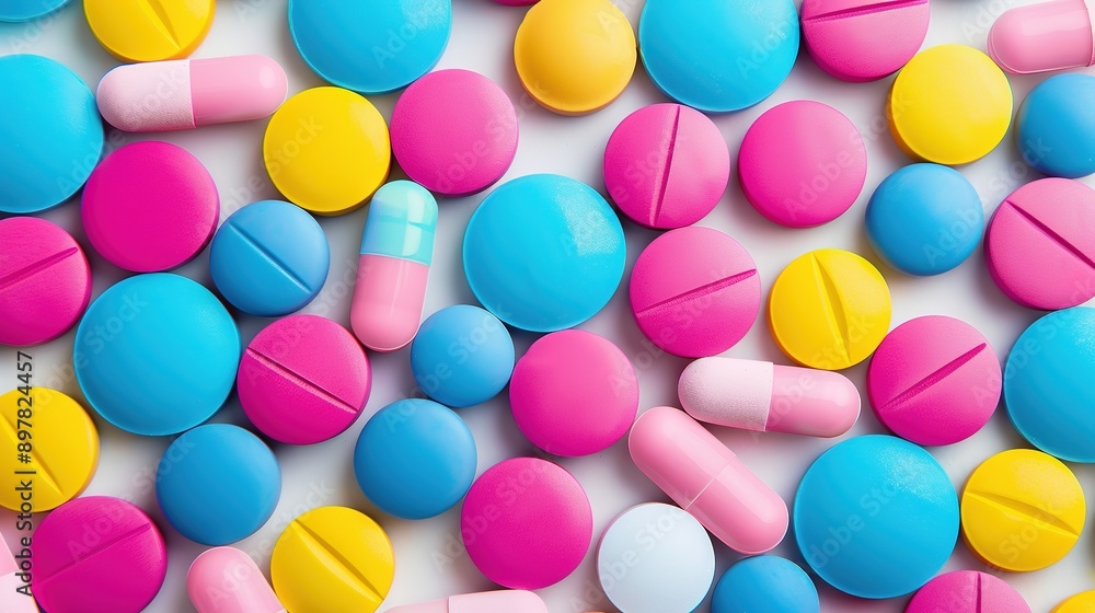 Vibrant Display of Colorful Candy Pills Crafted from Plasticine, Contrasting Textures and Colors on a Pure White Background. Vibrant Display of Colorful Candy Pills Crafted from Plasticine, Contrasting Textures and Colors on a Pure White Background.
