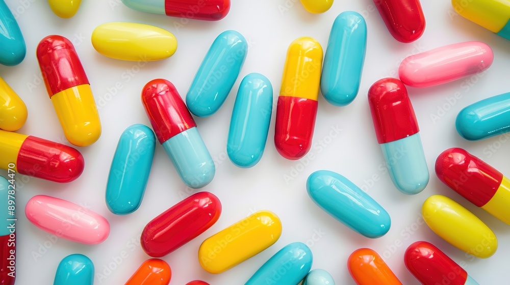 Vibrant Display of Colorful Candy Pills Crafted from Plasticine, Contrasting Textures and Colors on a Pure White Background. Vibrant Display of Colorful Candy Pills Crafted from Plasticine, Contrasting Textures and Colors on a Pure White Background.