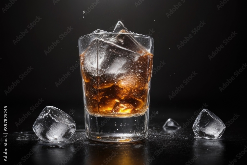 rum with ice cubes over a dark background rum with ice cubes over a dark background