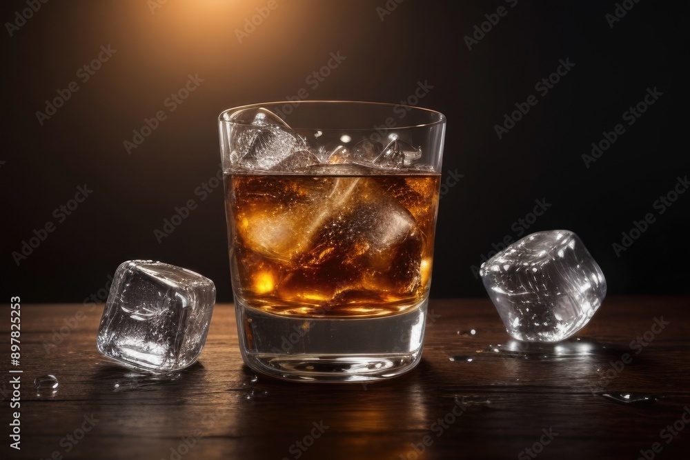 rum with ice cubes over a dark background rum with ice cubes over a dark background
