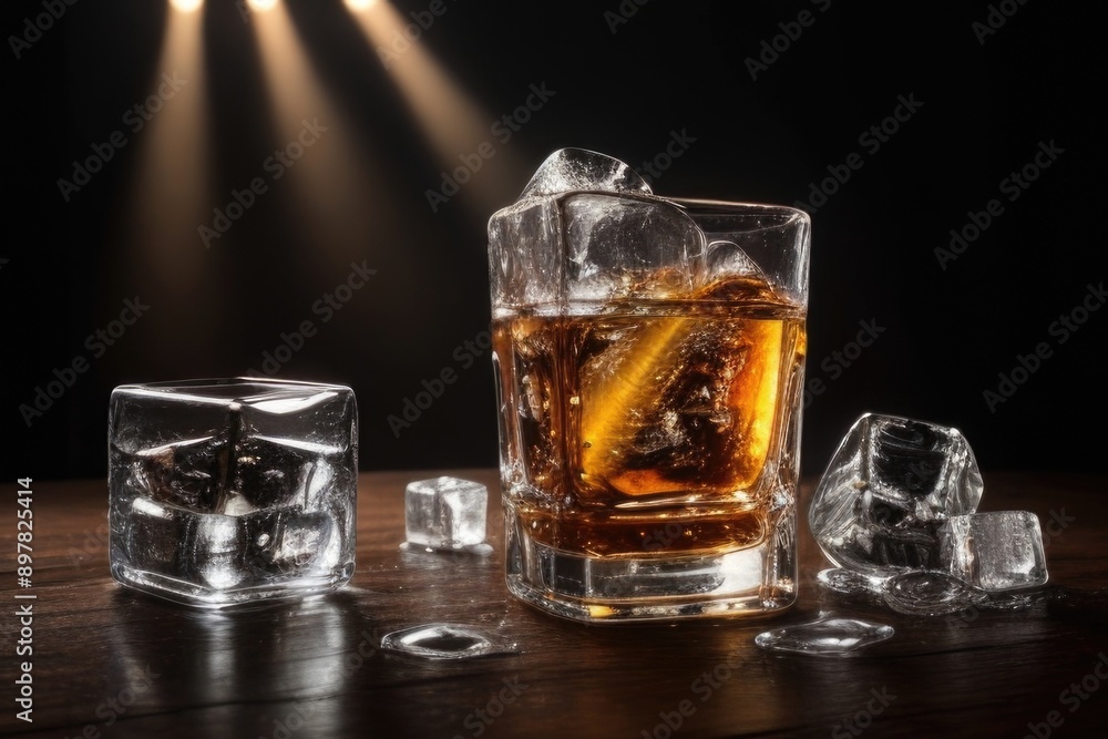 rum with ice cubes over a dark background rum with ice cubes over a dark background