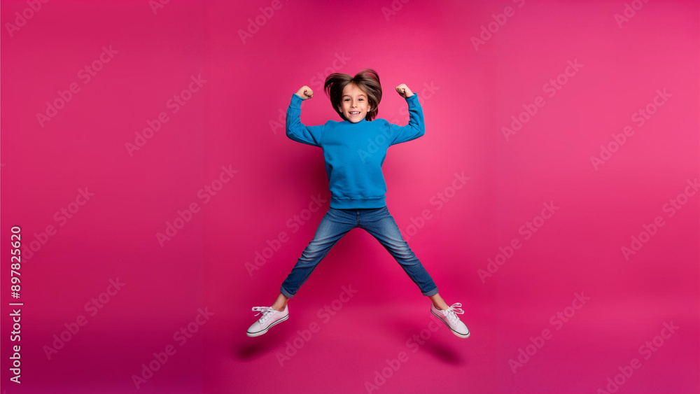Full length photo of cheerful positive son dressed blue sweatshirt jumping high showing muscles emtpy space isolated pink color background Full length photo of cheerful positive son dressed blue sweatshirt jumping high showing muscles emtpy space isolated pink color background