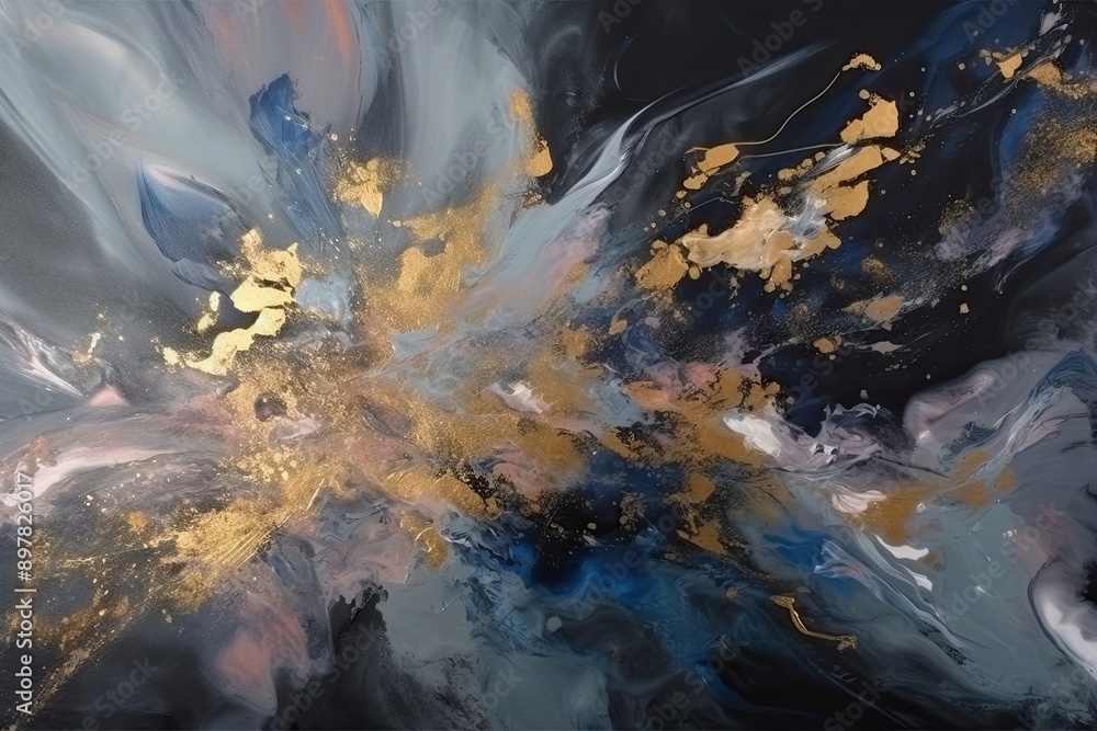 Fototapeta premium Elegant Abstract Acrylic Painting on Dark Background with Gold Brush Strokes 