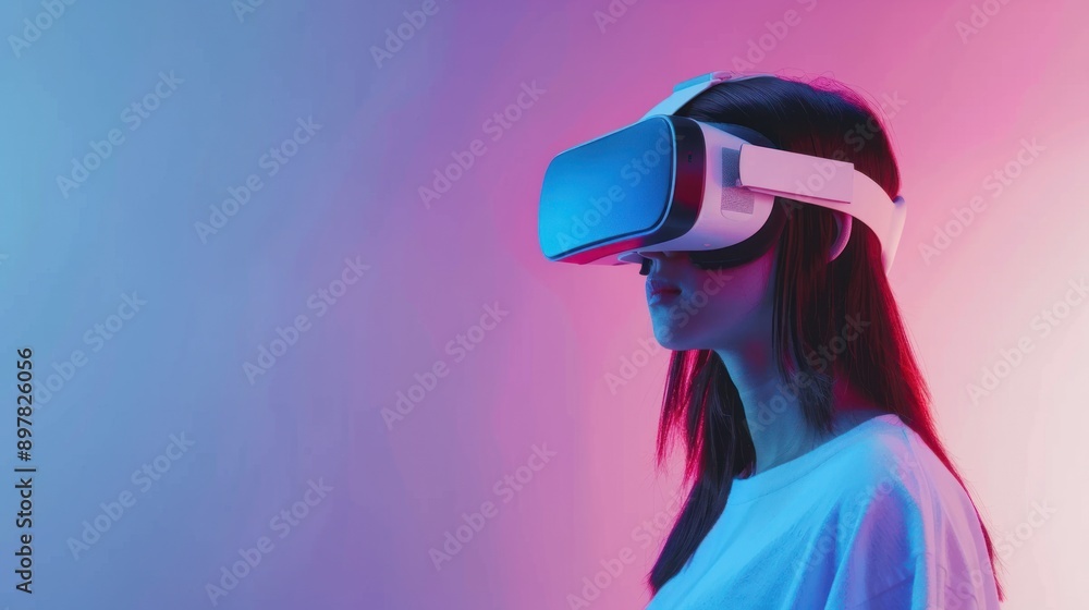 Woman in Virtual Reality Headset with Neon Lighting Woman in Virtual Reality Headset with Neon Lighting
