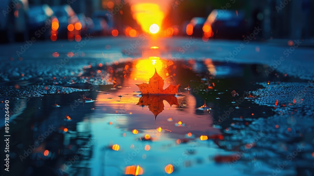 Shoot a sunset reflected in a puddle on a rainy street.