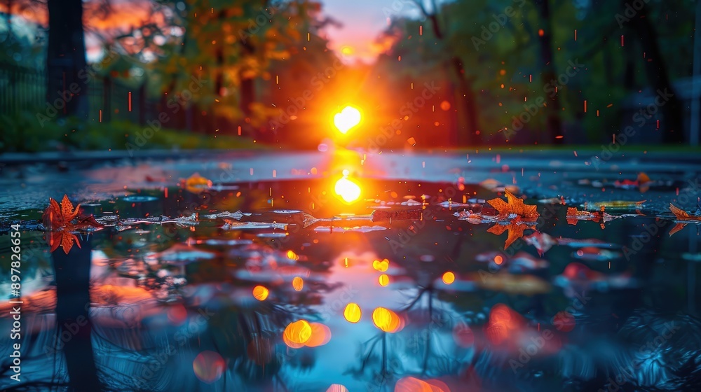 Shoot a sunset reflected in a puddle on a rainy street.
