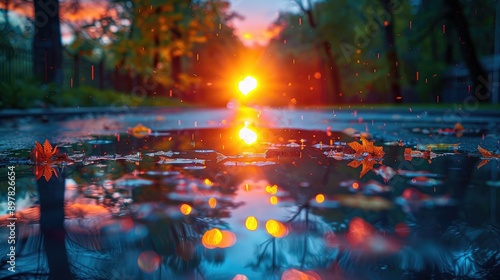 Obraz na płótnie Shoot a sunset reflected in a puddle on a rainy street. w salonie