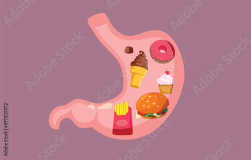 Stomach Illustration Full of Unhealthy Fast-Food Items. Person eating too much junk food having gastrointestinal problems 

