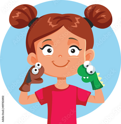Little Girl with Sock Puppets in Theater Activity Vector Cartoon. Cute kid playing with hand puppets feeling creative exercising story telling 
