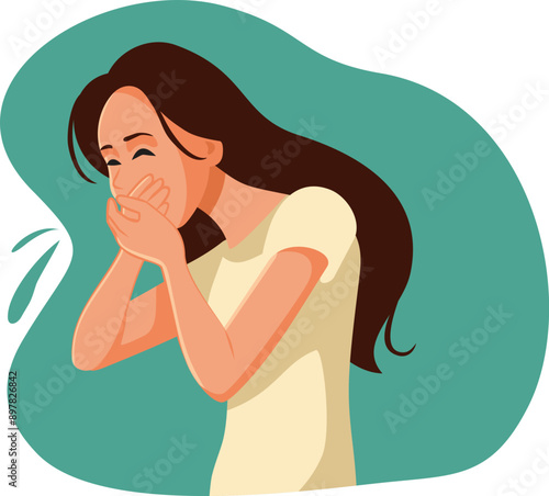 Sick Woman with Vomiting Sensation Covering Mouth Vector Illustration. Unhappy girl feeling nauseated about to puke 
