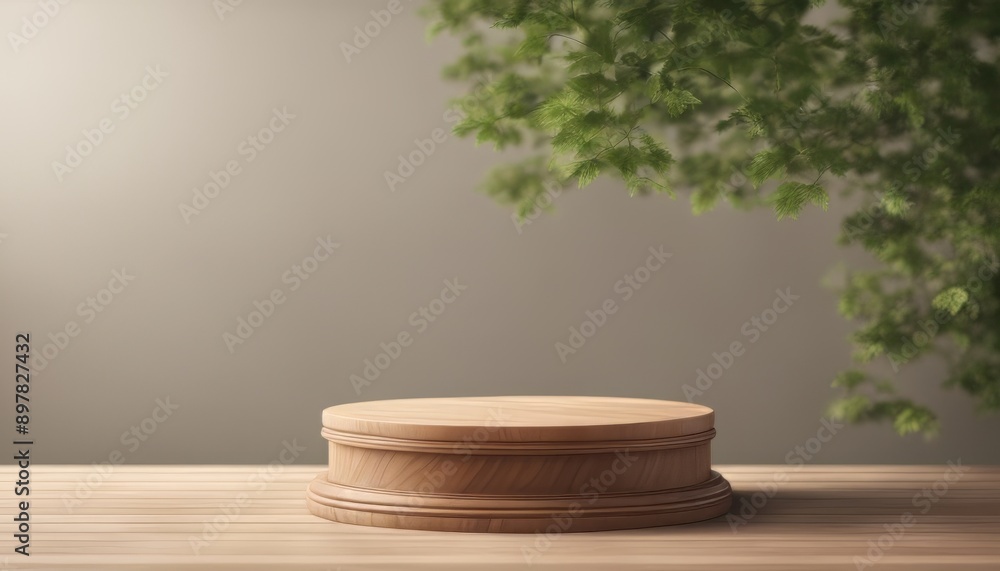 Wooden podium display product stand winner pedestal with leaf showcase product space presentation Wooden podium display product stand winner pedestal with leaf showcase product space presentation