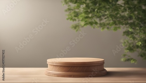 Wooden podium display product stand winner pedestal with leaf showcase product space presentation