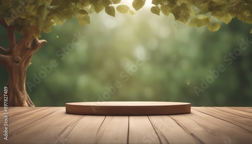 Wooden podium display product stand winner pedestal with leaf showcase product space presentation