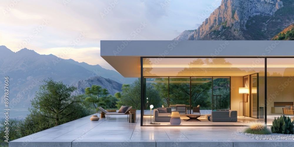 Fototapeta premium A picturesque house nestled in the mountains, showcasing a living room and bedroom in the foreground. The large windows offer stunning views of the surrounding peaks, blending cozy interior spaces
