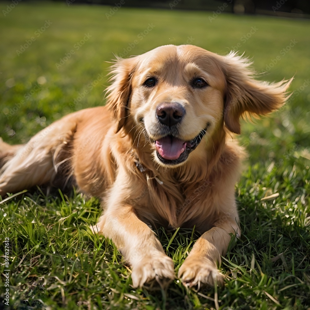 Obraz premium golden retriever dog plying on the grass, adorable animal ,golden furry ,loyal dog, healthy dog