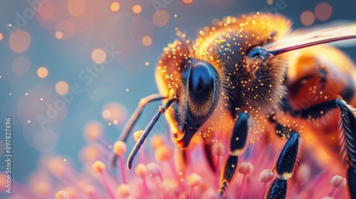 A close-up of a bee’s legs covered in pollen, showing the tiny grains and hairs