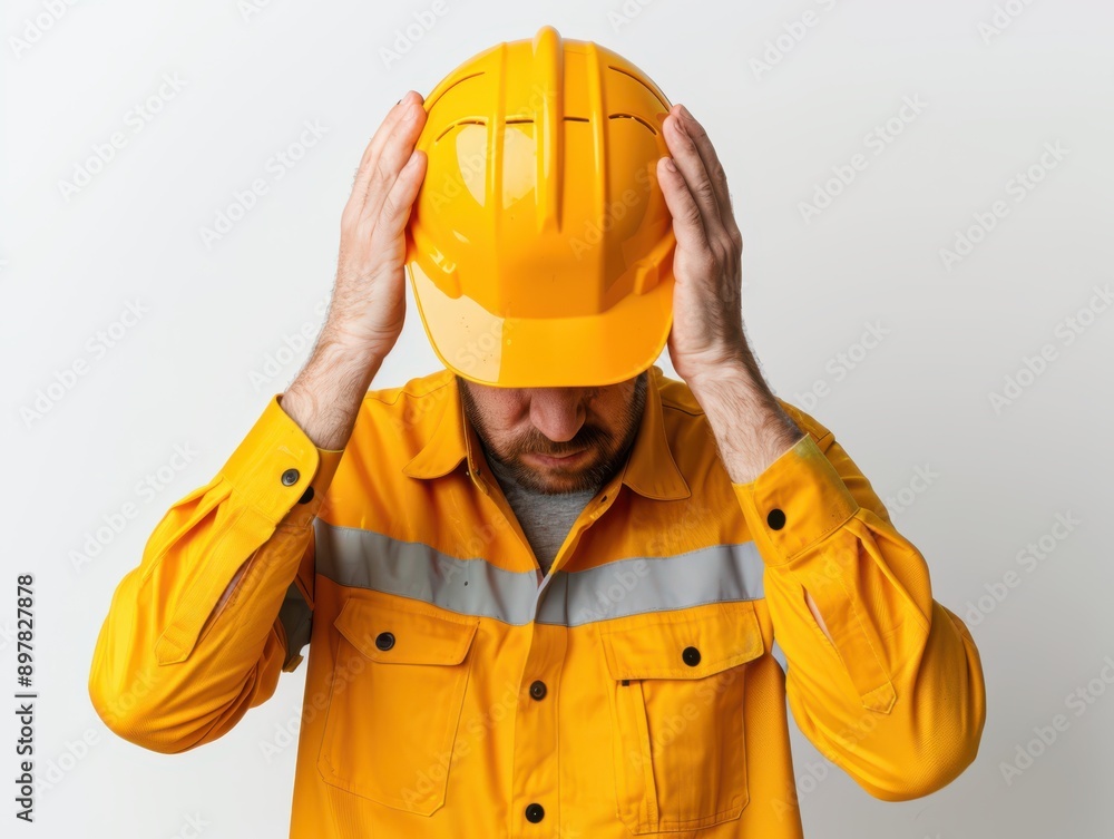 A frustrated construction worker in a yellow hard hat, expressing stress and concern about his job. Safety first on site. A frustrated construction worker in a yellow hard hat, expressing stress and concern about his job. Safety first on site.