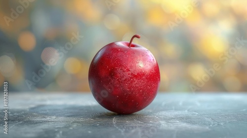 a red apple sitting on a table with a blurry background