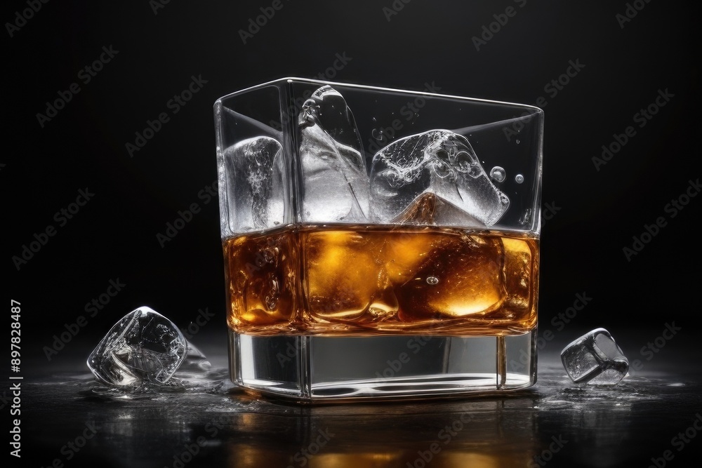 whiskey with ice cubes over a black background whiskey with ice cubes over a black background