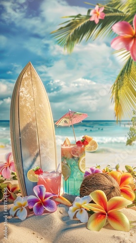 Colorful tropical drinks on a sandy beach with a surfboard and flowers, ocean in the background.