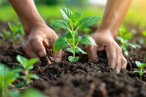 Hands holding or planting a seedling plant in soil. Plants for save earth or world environment day