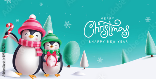 Merry christmas greeting vector banner design. Christmas penguin characters waving, smiling and happy holding gift xmas elements in snow winter background. Vector illustration greeting card season 