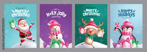 Merry christmas greeting card vector poster set design. Christmas santa claus, snowman, reindeer and penguin characters in greeting cards collection. Vector illustration holiday season postcard 