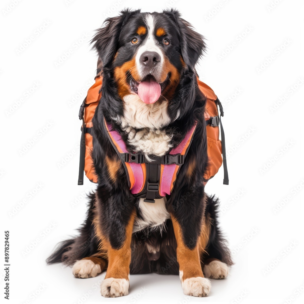 Playful Bernese mountain dog with backpack, ready for adventure and outdoor exploration. Perfect for pet and travel themes. Playful Bernese mountain dog with backpack, ready for adventure and outdoor exploration. Perfect for pet and travel themes.