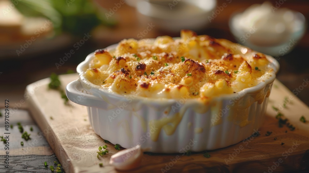 a dish of macaroni and cheese on a cutting board a dish of macaroni and cheese on a cutting board
