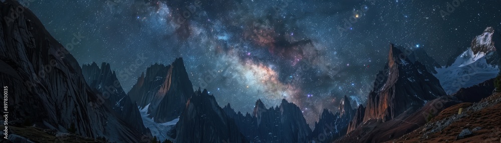 Fototapeta premium A breathtaking view of the night sky filled with stars and a vibrant galaxy over majestic mountain peaks.