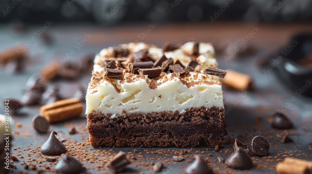 a piece of cake with cream and chocolate on it a piece of cake with cream and chocolate on it