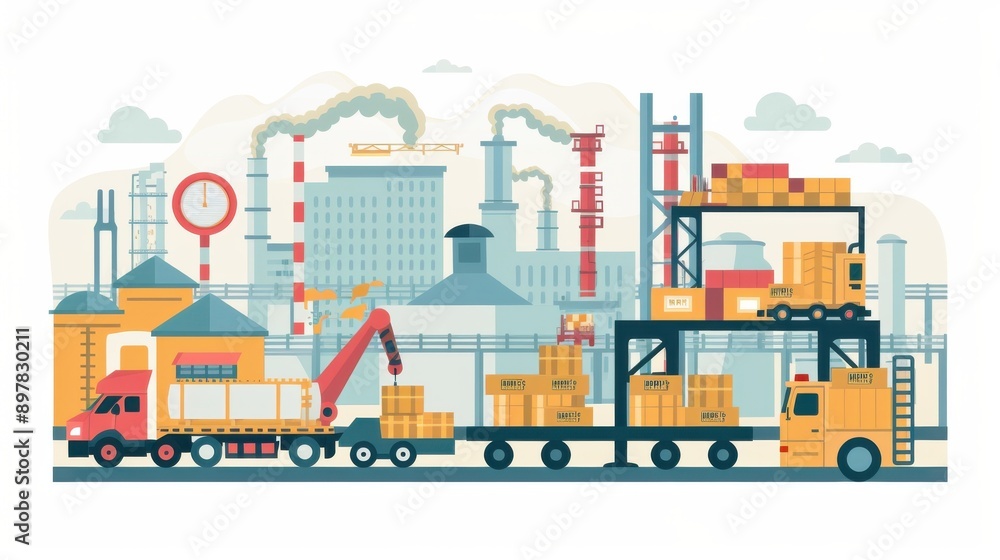 Naklejka premium A colorful illustration of a busy industrial scene featuring warehouses, trucks, and factories in action.