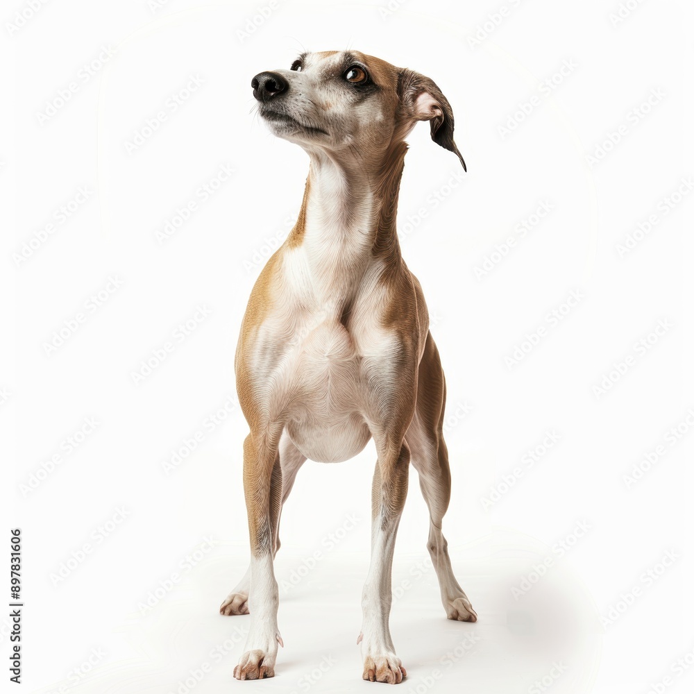 A graceful Italian Greyhound standing elegantly, showcasing its slender physique and curious expression against a white background. A graceful Italian Greyhound standing elegantly, showcasing its slender physique and curious expression against a white background.