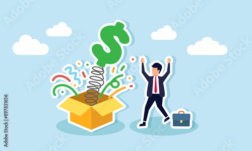 Surprise money or reward bonus, salary raise, investment profit, dividends, high-return stocks, or a winning prize, concept of happy businessman jumping high opening surprise money box.