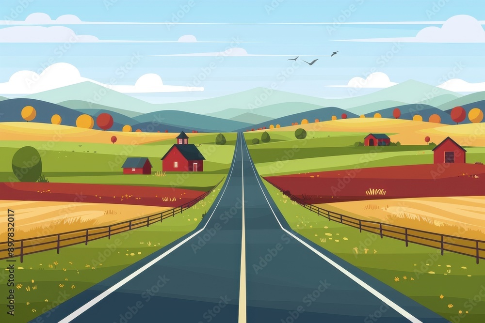 A serene countryside scene featuring a winding road, colorful fields, and charming farmhouses under a bright blue sky. A serene countryside scene featuring a winding road, colorful fields, and charming farmhouses under a bright blue sky.