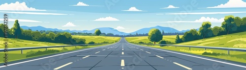 A serene landscape featuring an endless road surrounded by green fields and mountains under a clear blue sky.