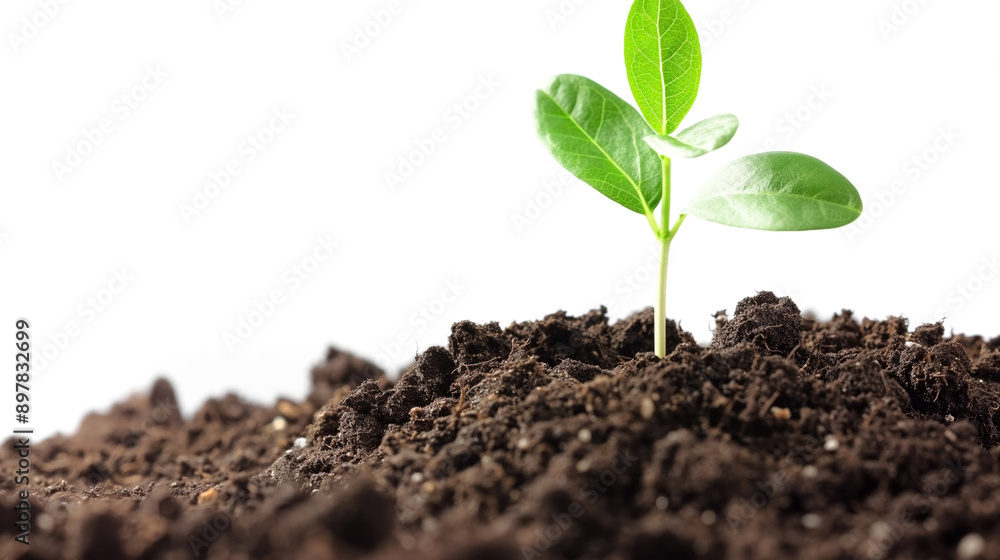 New life symbolized by plant emerging from soil on white background. New life symbolized by plant emerging from soil on white background.