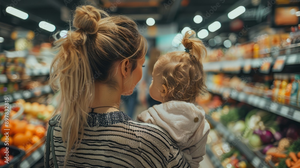 Fototapeta premium Mother holding her baby in a grocery store aisle
