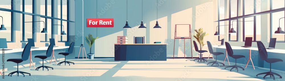 Modern office interior with ample natural light, featuring desks, chairs, and a prominent 'For Rent' sign. Modern office interior with ample natural light, featuring desks, chairs, and a prominent 'For Rent' sign.