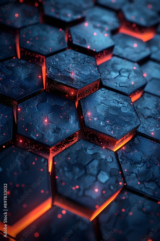 Hexagonal tiles with a dark, textured surface glow with fiery orange light beneath, creating a striking contrast. Tiny red particles add a dynamic, energetic feel. Hexagonal tiles with a dark, textured surface glow with fiery orange light beneath, creating a striking contrast. Tiny red particles add a dynamic, energetic feel.