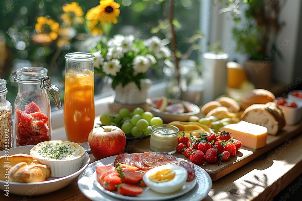 a traditional German breakfast with assorted cold cuts, cheeses, bread rolls, and a soft-boiled egg. Rustic table setting with morning sunlight. a traditional German breakfast with assorted cold cuts, cheeses, bread rolls, and a soft-boiled egg. Rustic table setting with morning sunlight.