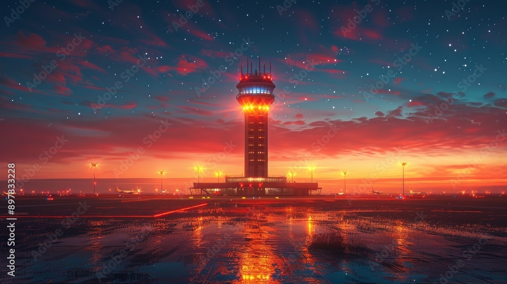 Obraz premium Air control tower at the airport at night