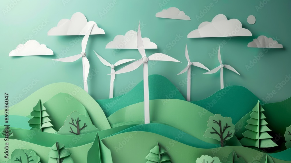Obraz premium Paper art , renewable energy with green energy as wind turbines , Renewable energy by 2050 Carbon neutral energy , Energy consumption and CO2, Reduce CO2 emission concept 